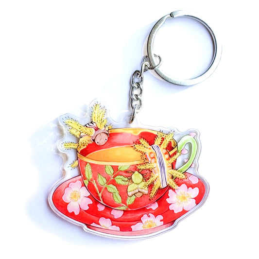 A double-sided acrylic keychain featuring an illustration of stinging rose caterpillars with a Virginia rose teacup design, predominantly red and yellow colors, on a white background.