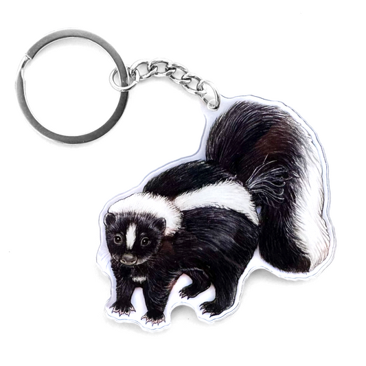 Keychain of a striped skunk on a white background
