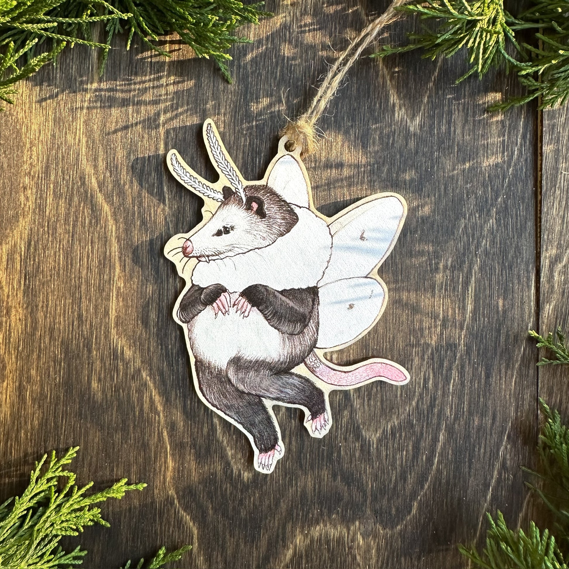 Tiger moth opossum wood print ornament