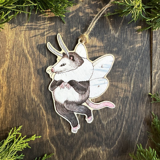 Tiger moth opossum wood print ornament