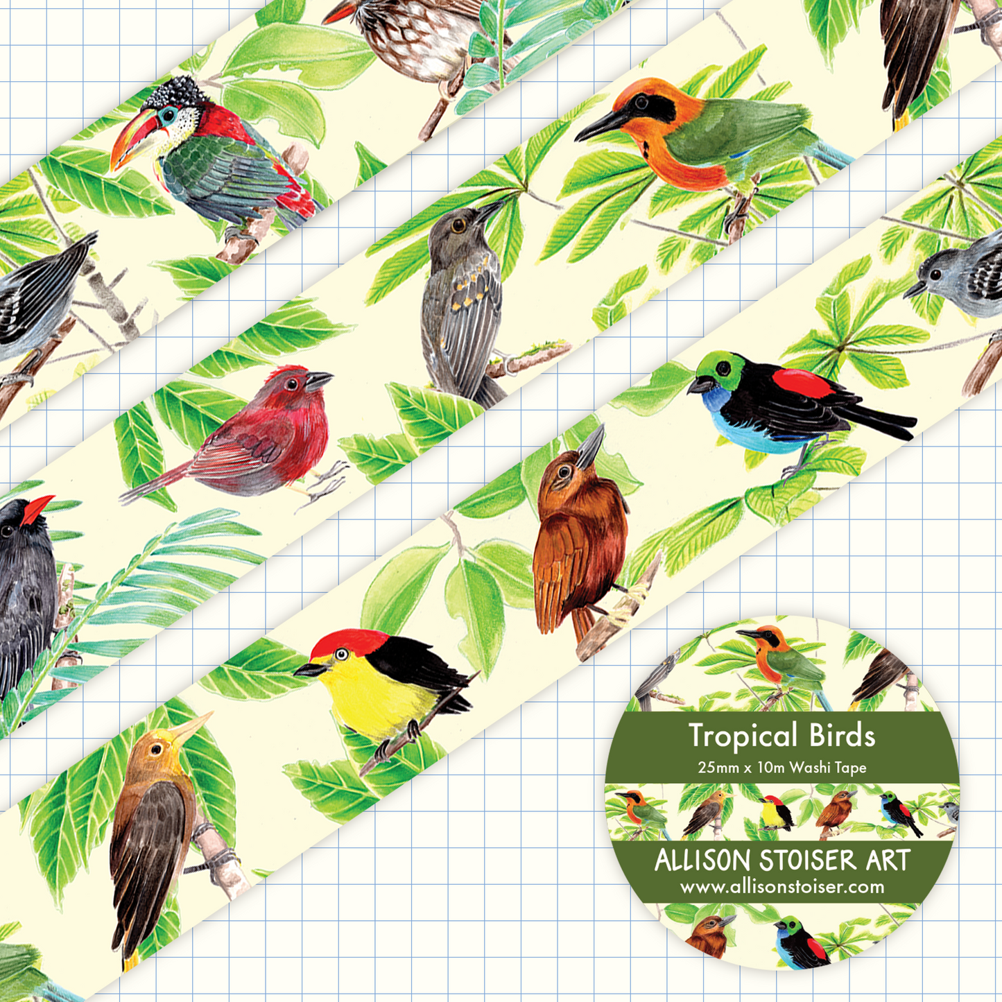 Tropical bird-themed washi tape with colorful birds and green leaves on a grid background. The text reads Tropical Birds 25mm x 10mm Washi Tape, Allison Stoiser Art.
