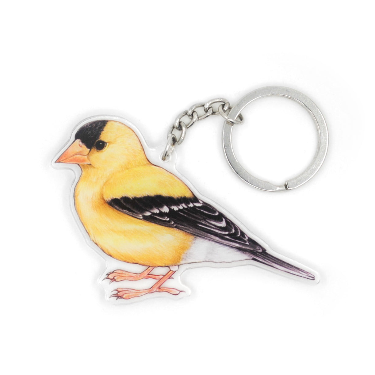 A keychain of an American goldfinch on a white background.