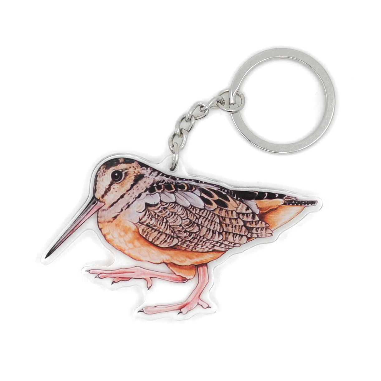 A keychain of an American woodcock on a white background.