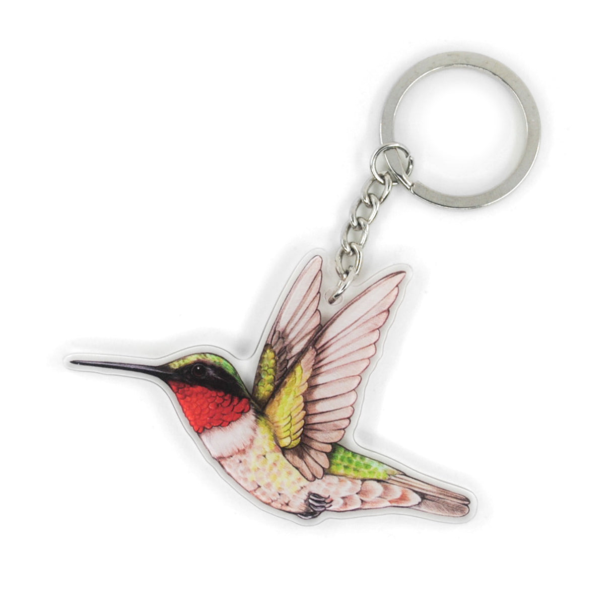 A keychain of a male ruby-throated hummingbird on a white background.