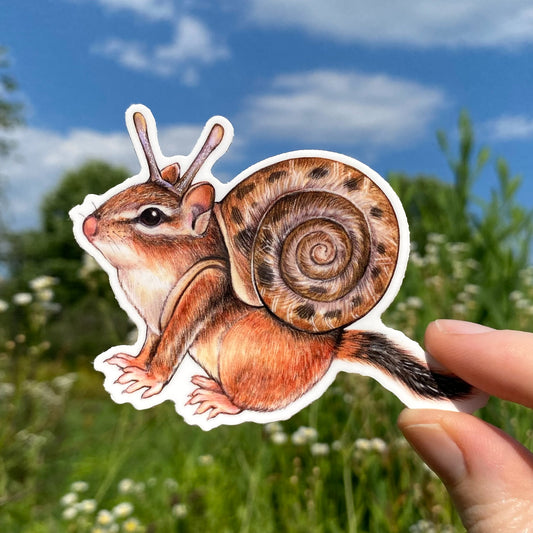 A hand holding a sticker featuring an illustration of a chipmunk dressed as a snail