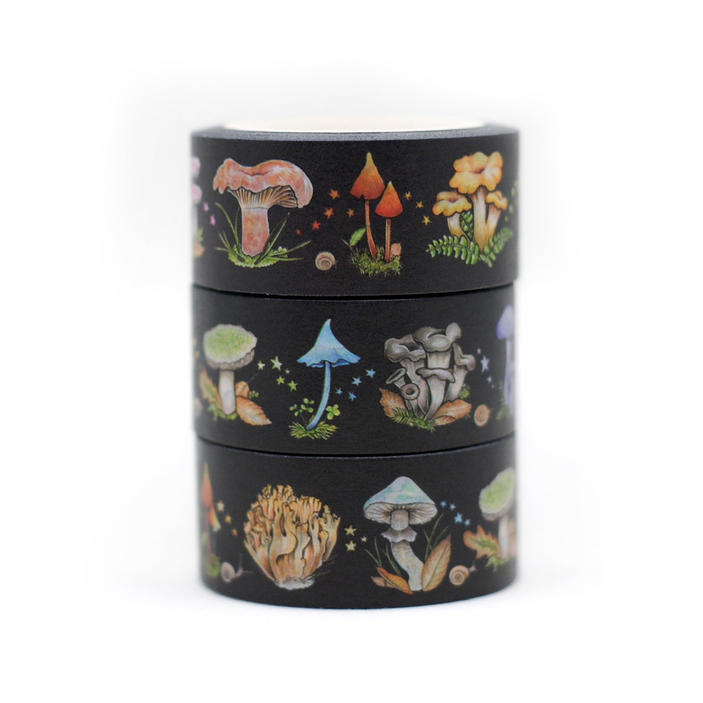 A stack of three rolls of washi tape featuring colorful mushrooms.