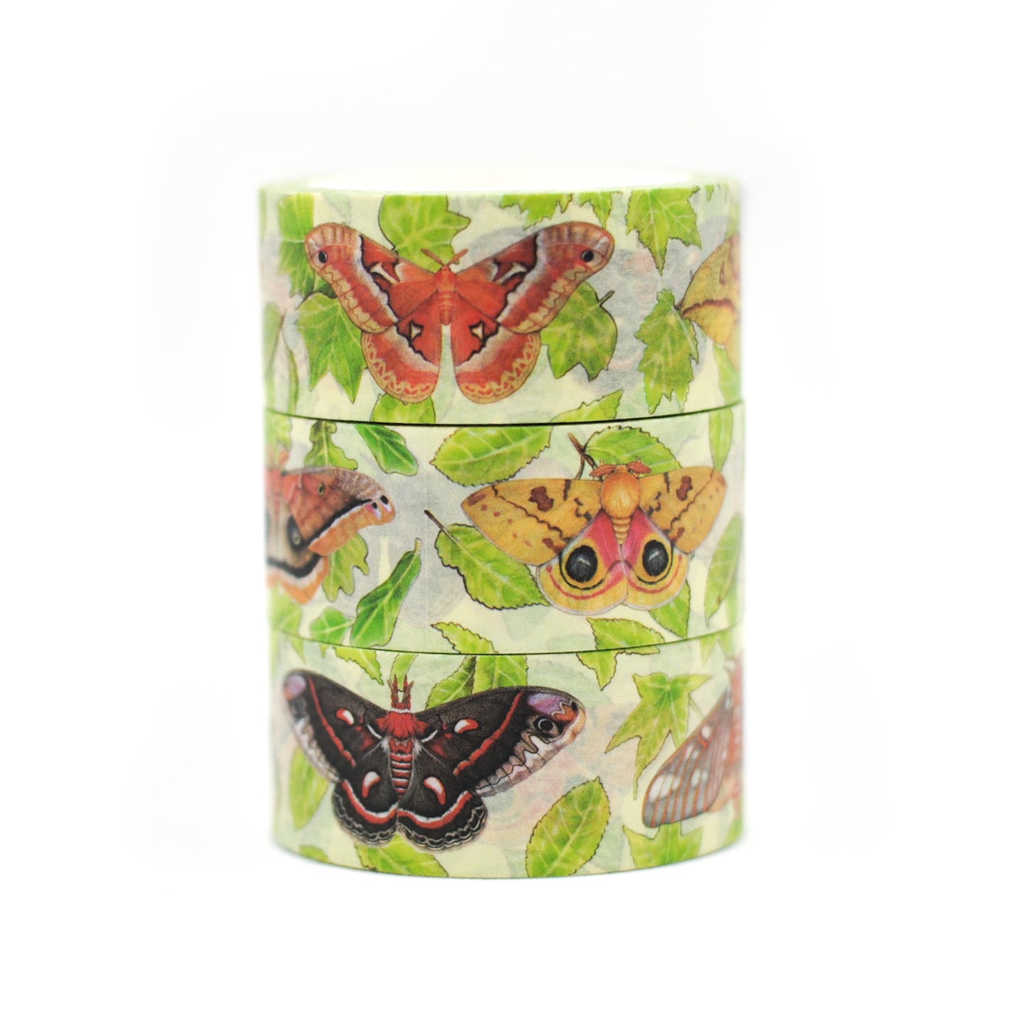 A stack of three rolls of washi tape featuring silk moths