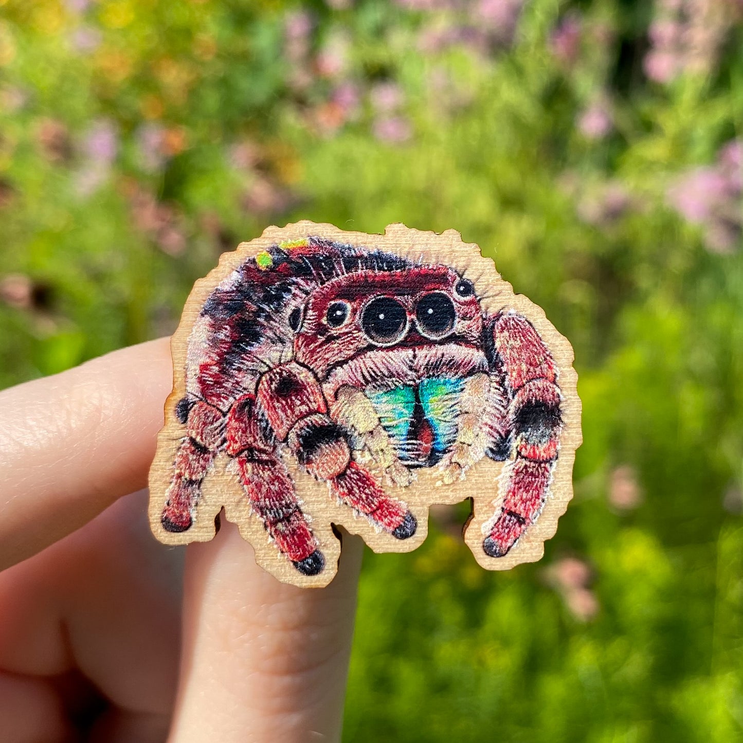 A hand holding a sustainably sourced wooden pin featuring an illustration of a jumping spider