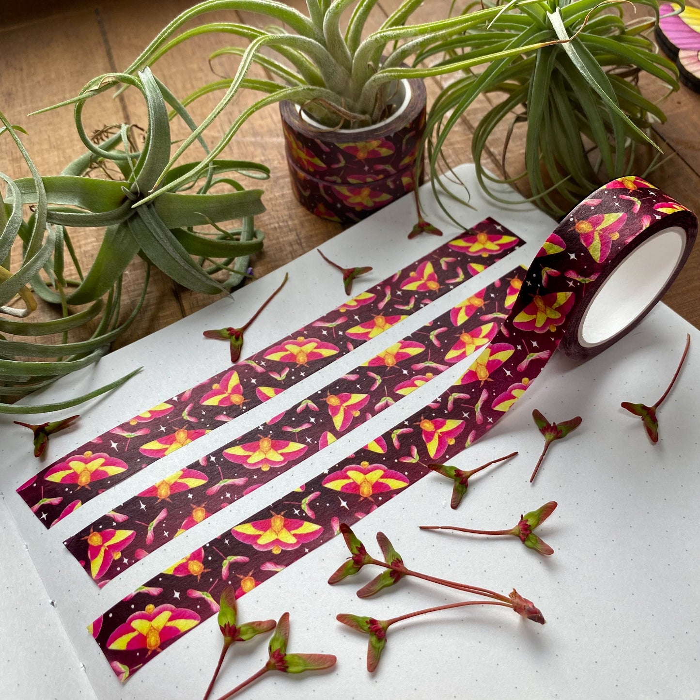 Washi tape featuring rosy maple moths and samaras in a notebook