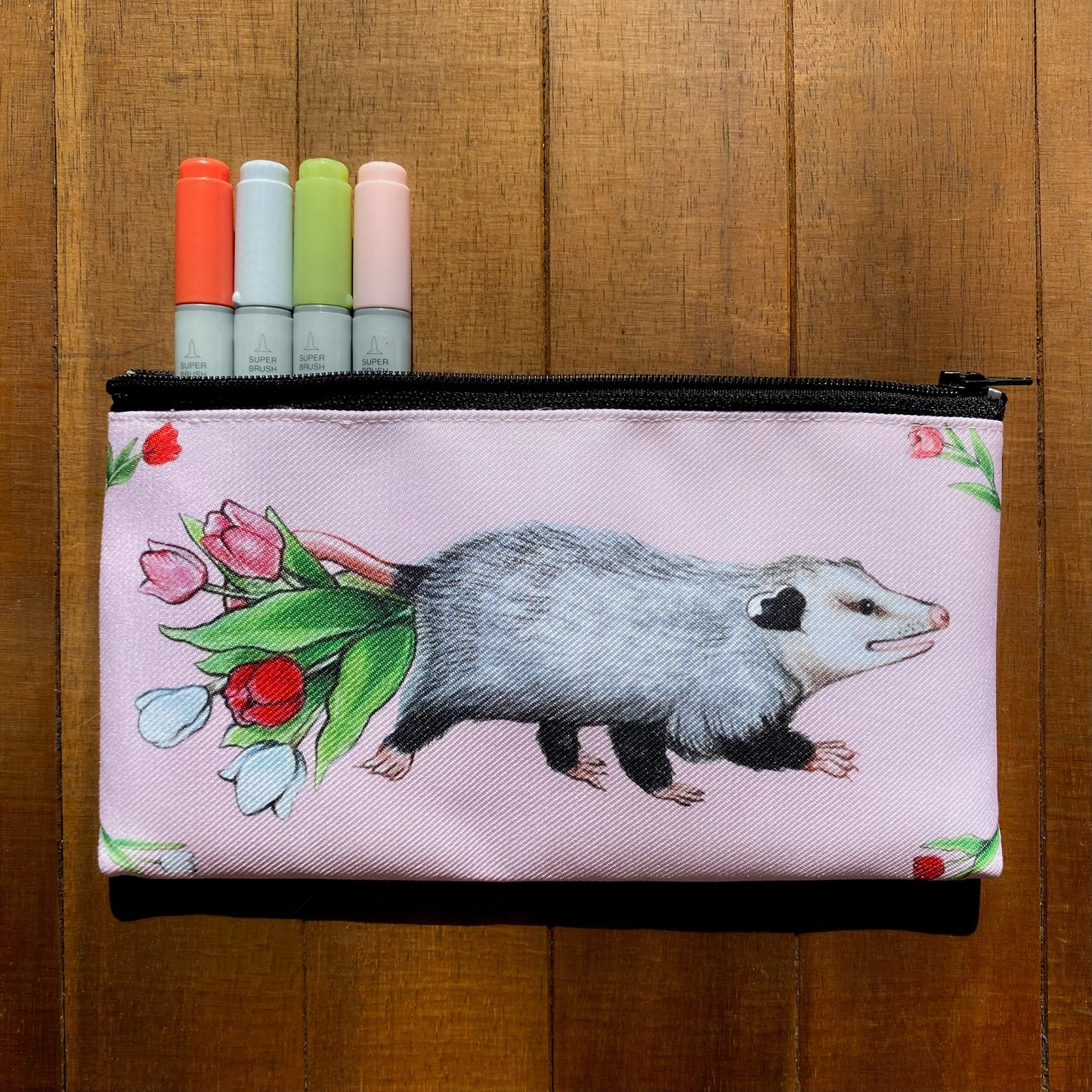 Opossums and Tulips Zippered Pouch