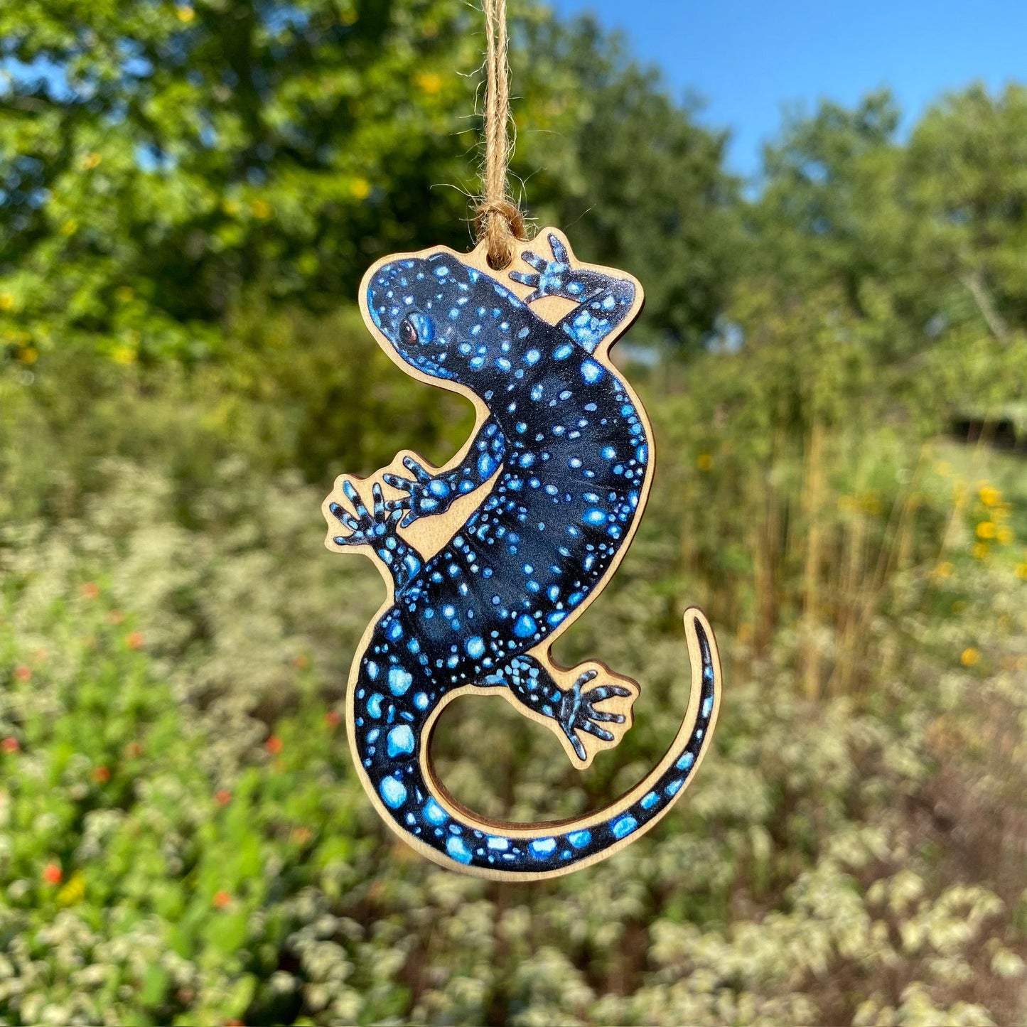 A wooden ornament strung with twine of a blue-spotted salamander.
