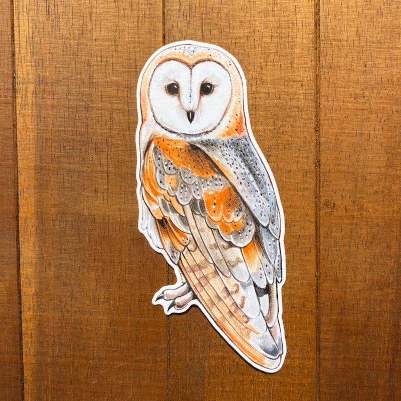 A weatherproof vinyl sticker featuring an illustration of a barn owl