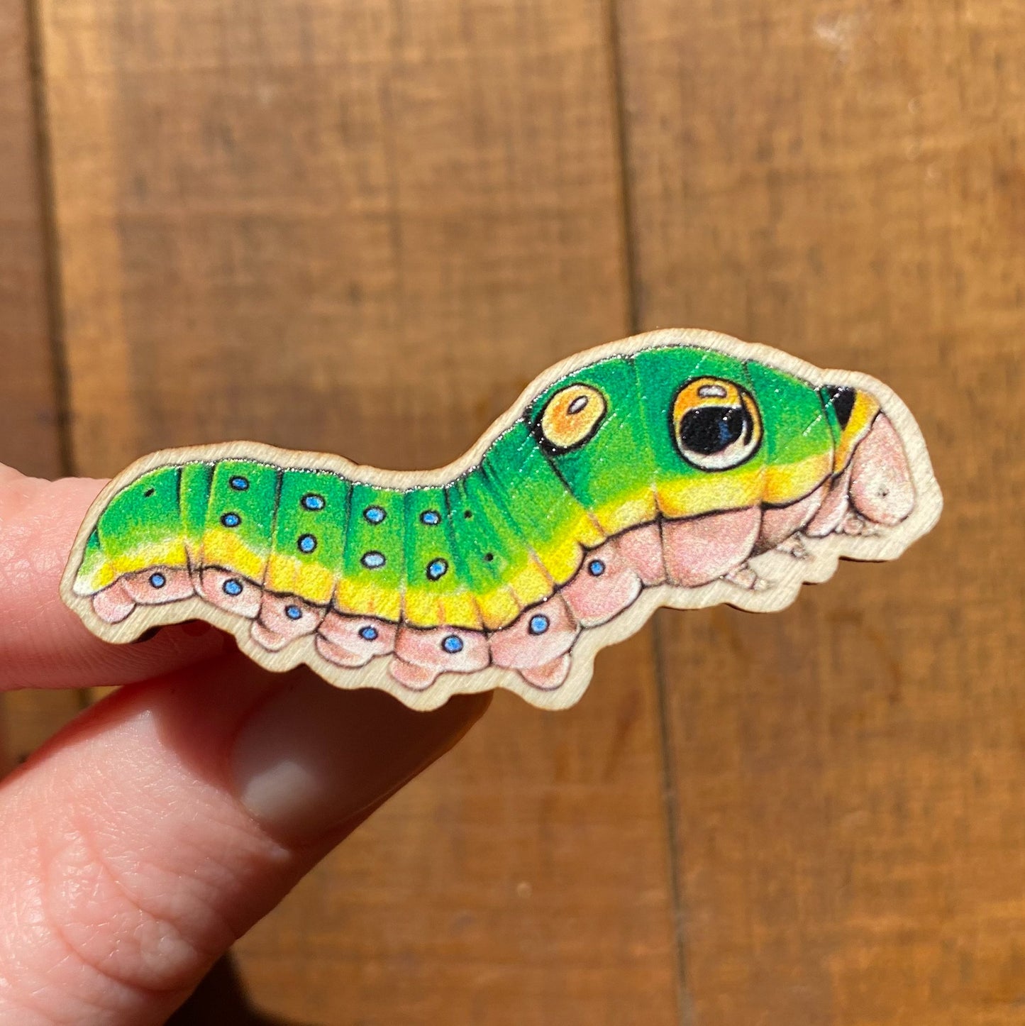 A hand holding a sustainably sourced wooden pin featuring an illustration of a spicebush swallowtail caterpillar