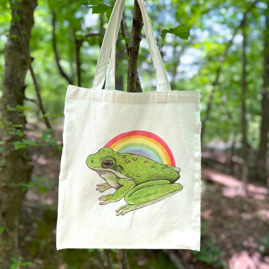A totebag featuring an illustration of rainbow insects