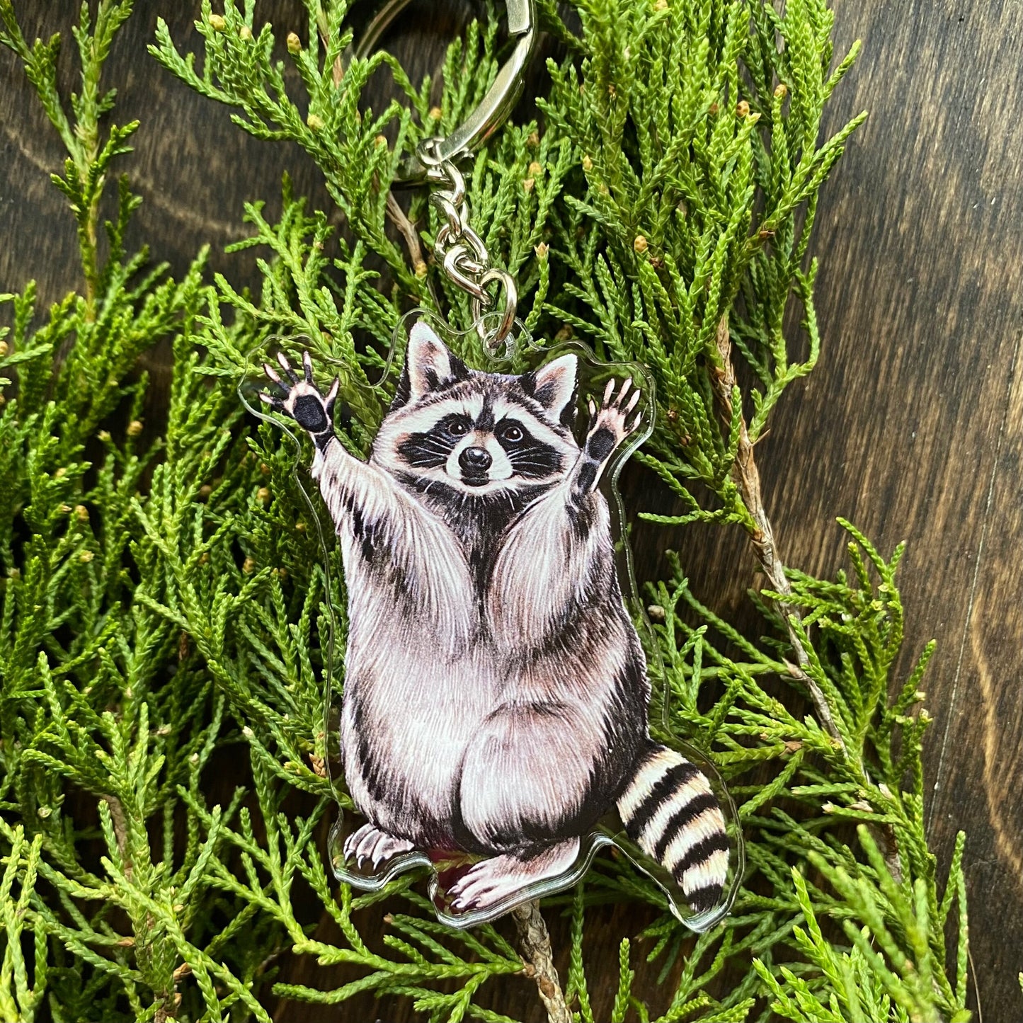 A keychain of a raccoon with its arms raised in front of a cedar background.