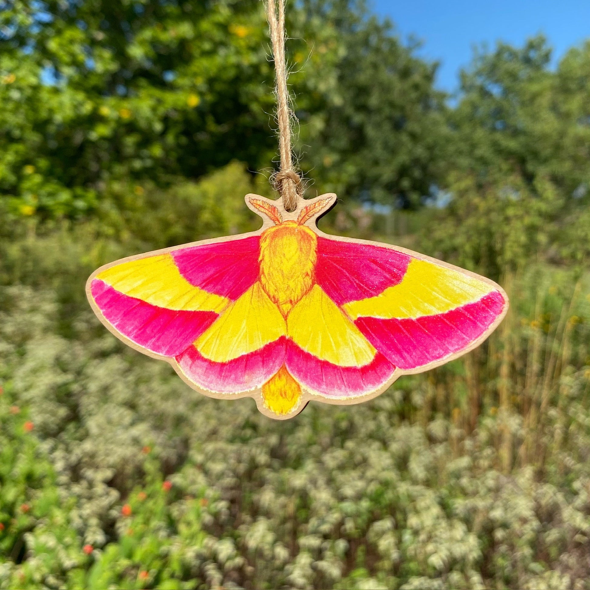 A wooden ornament strung with twine of a pink and yellow rosy maple moth.
