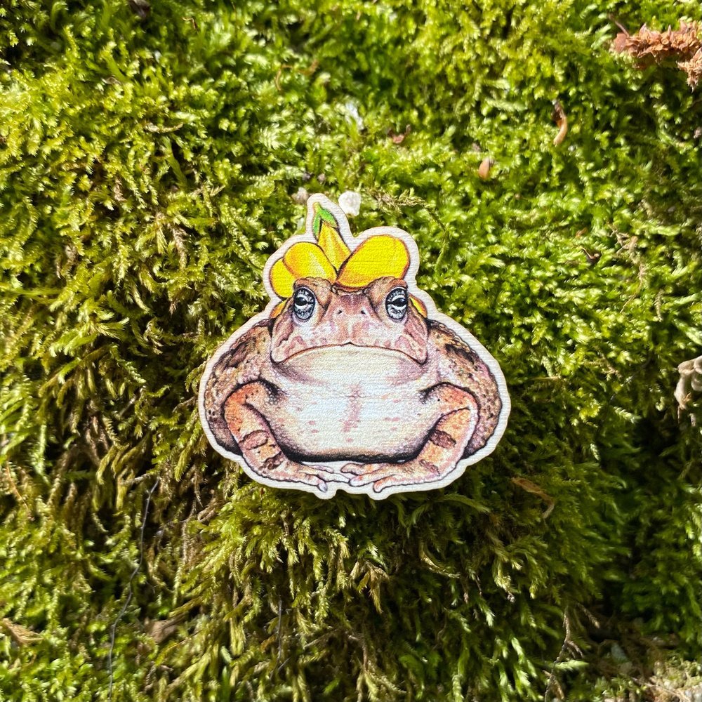 A sustainably sourced wooden pin featuring a Fowler's toad wearing a flower hat
