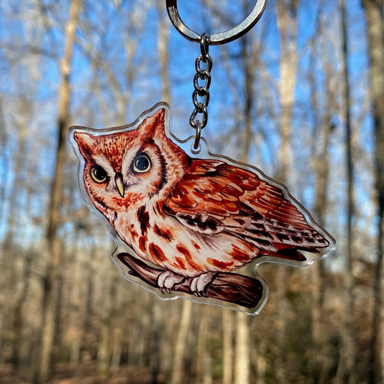 A keychain of an eastern screech owl being held in front of the forest.
