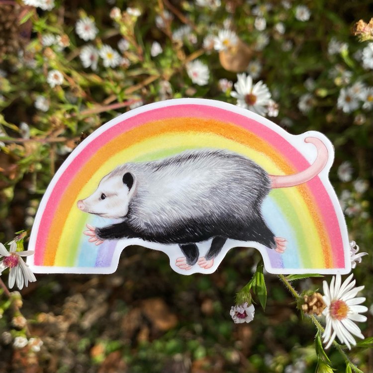 A hand holding a sticker featuring an illustration of an opossum marching in front of a rainbow