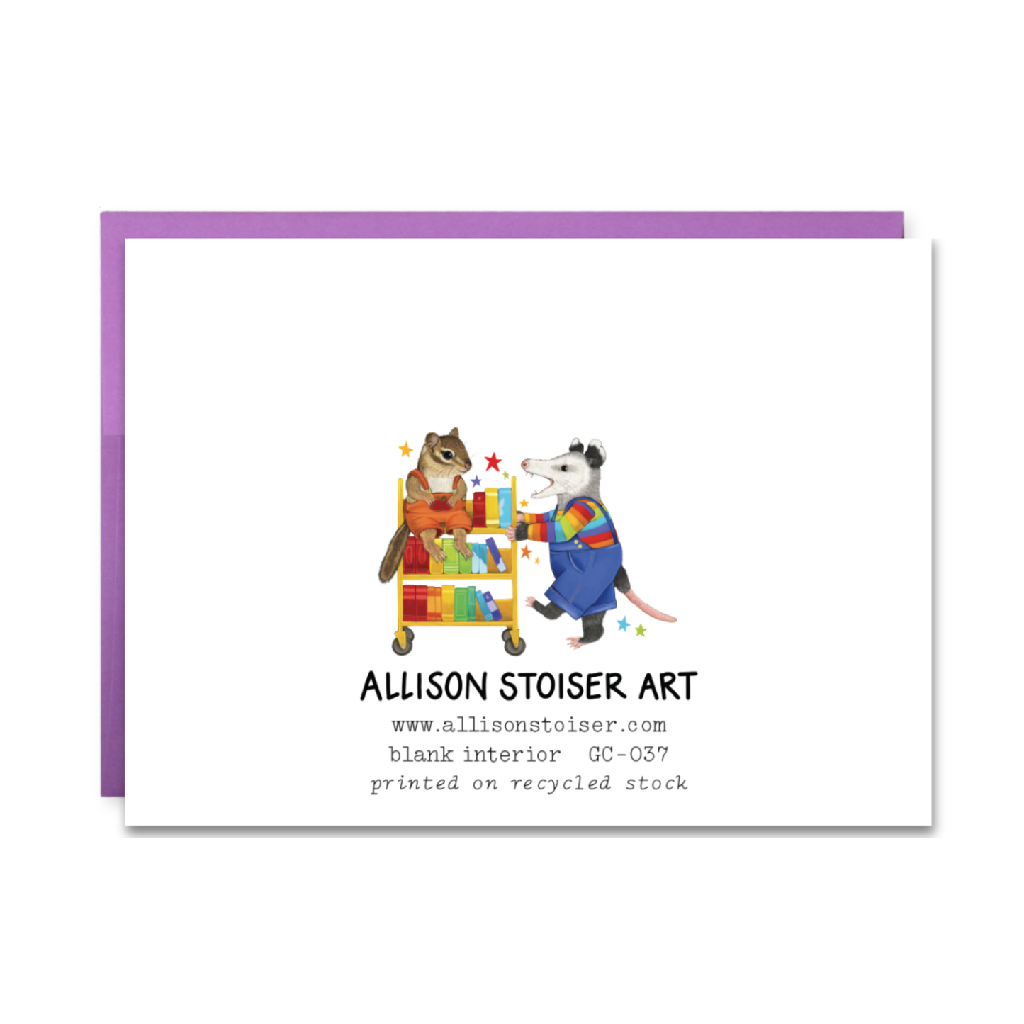 Card with an opossum and chipmunk with a book cart and 'Allison Stoiser Art' branding on a white background