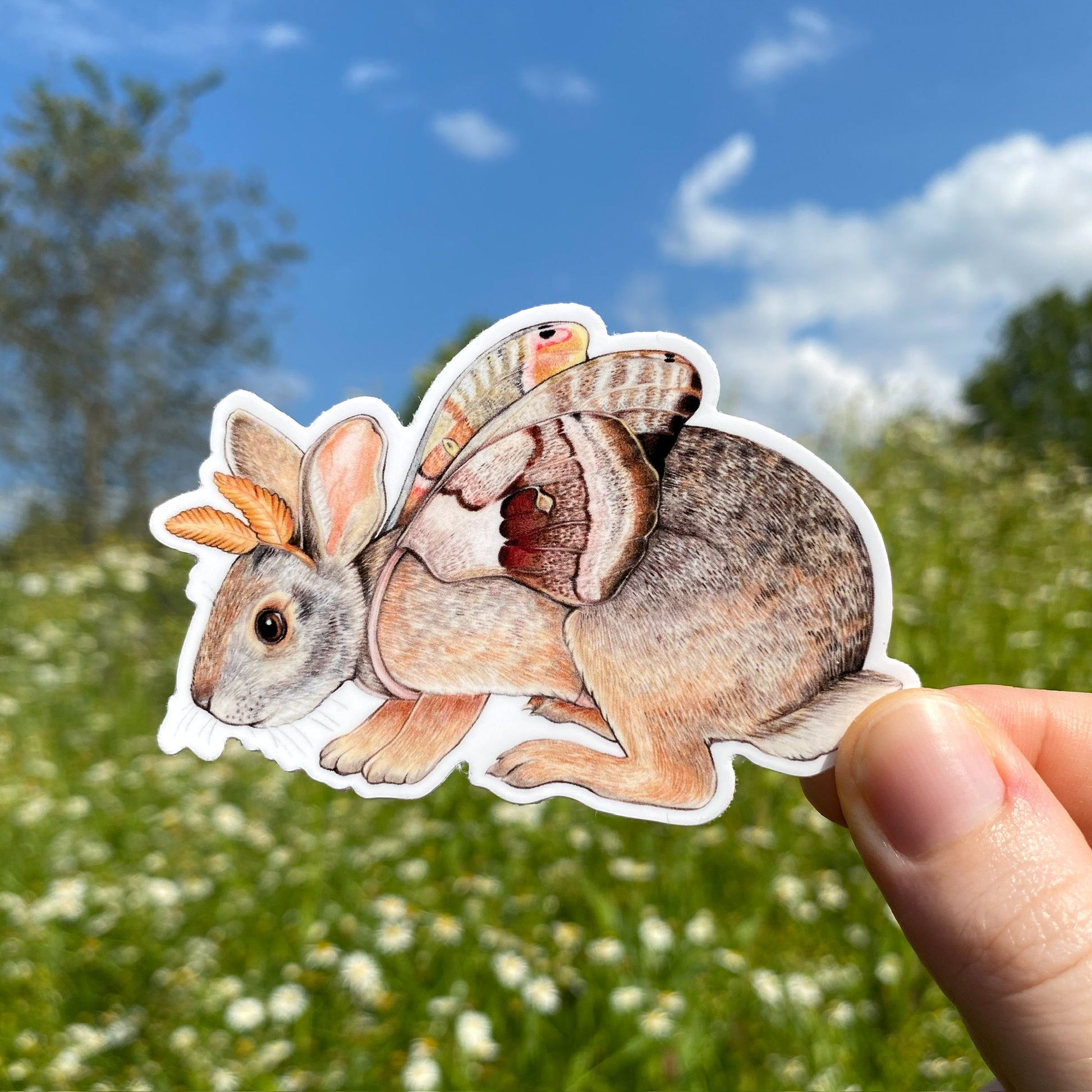 A hand holding a weatherproof vinyl sticker of a swamp rabbit with Polyphemus moth wings.