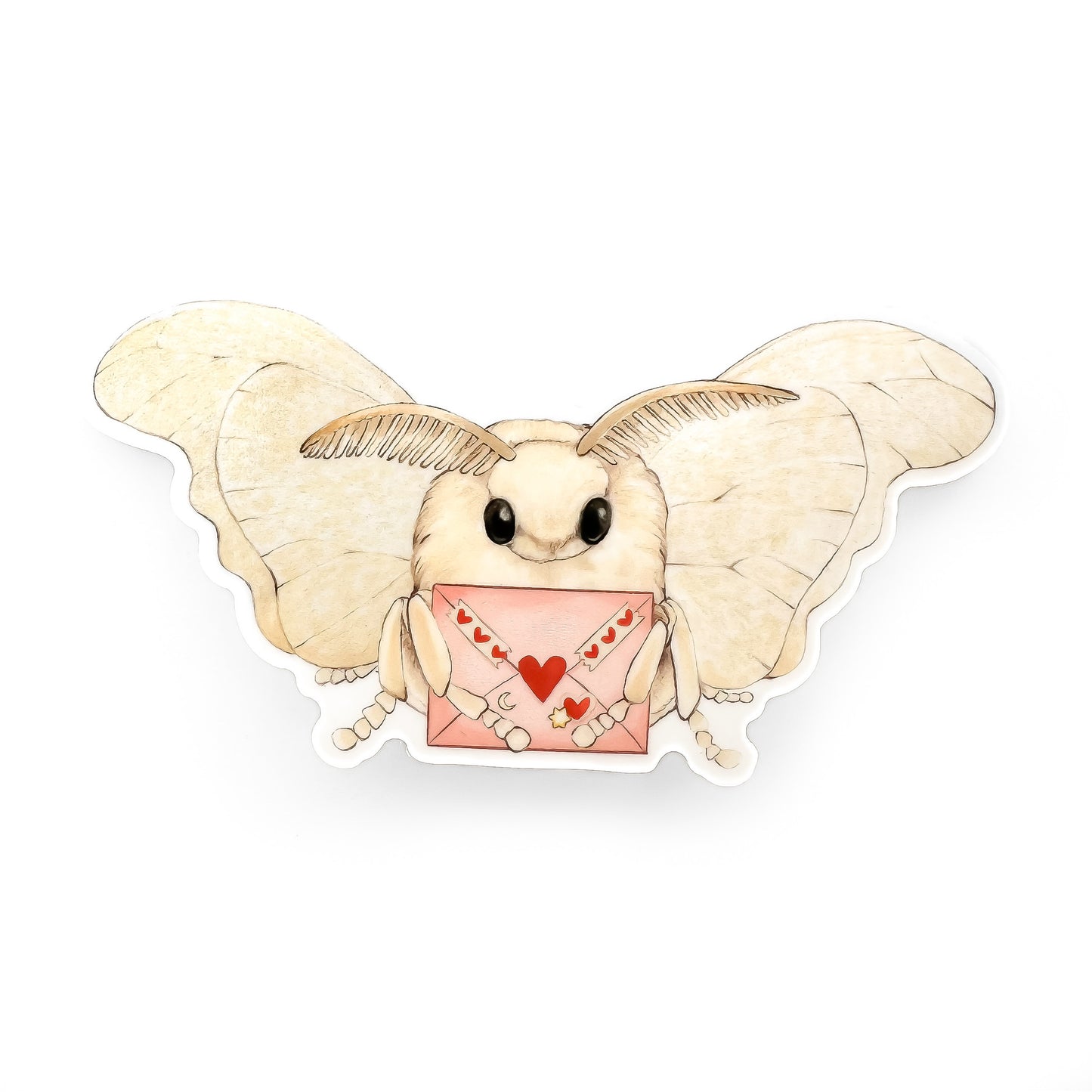 A sticker of a tan moth holding a pink love letter on a white background.