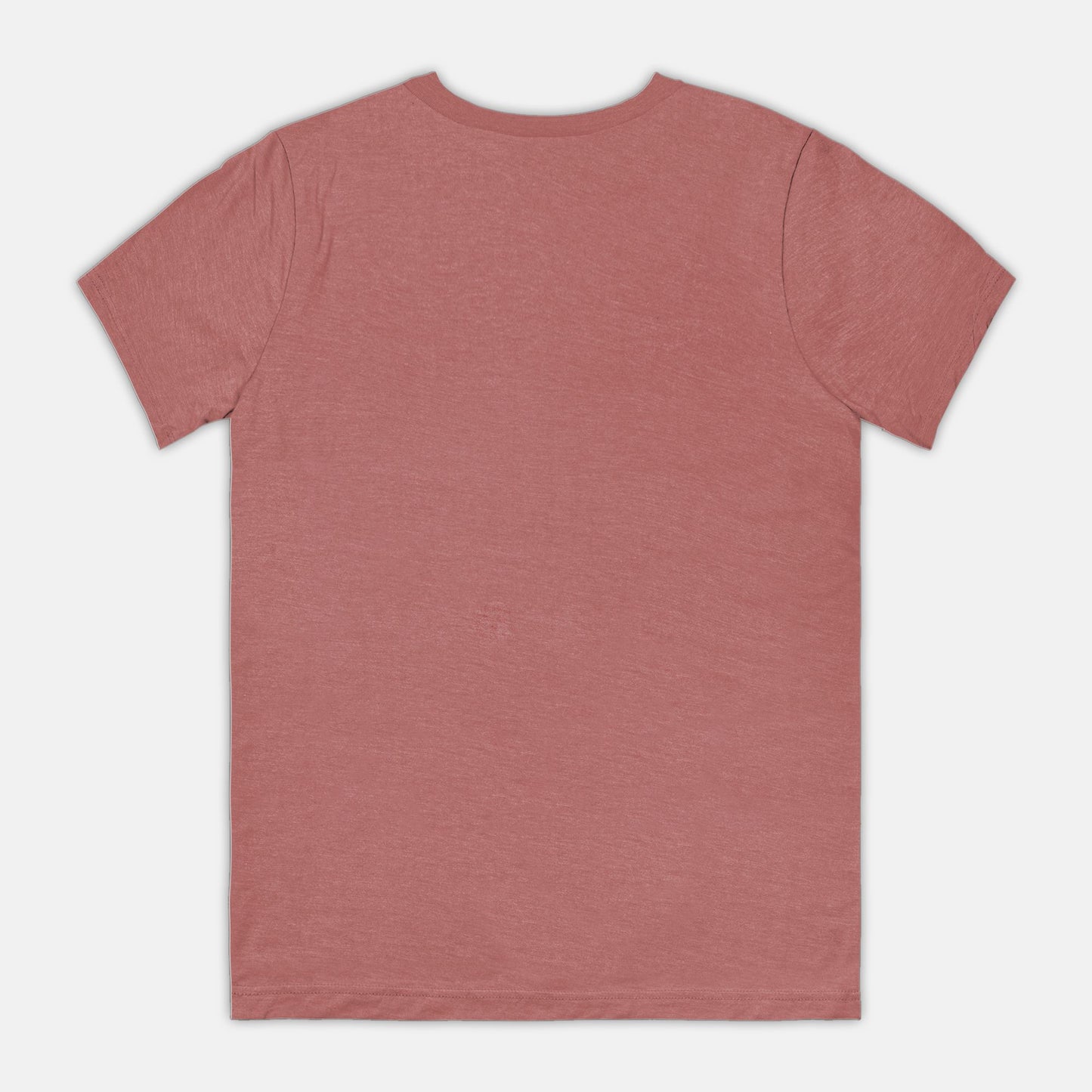 The blank back of a mauve-colored t-shirt