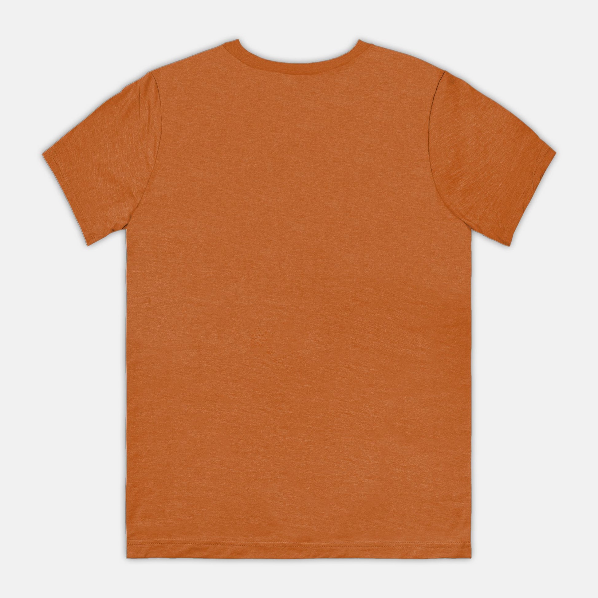 The blank back of a dark orange-colored t-shirt