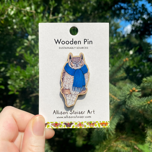 Cozy Great Horned Owl Wooden Pin (Sustainably Sourced)