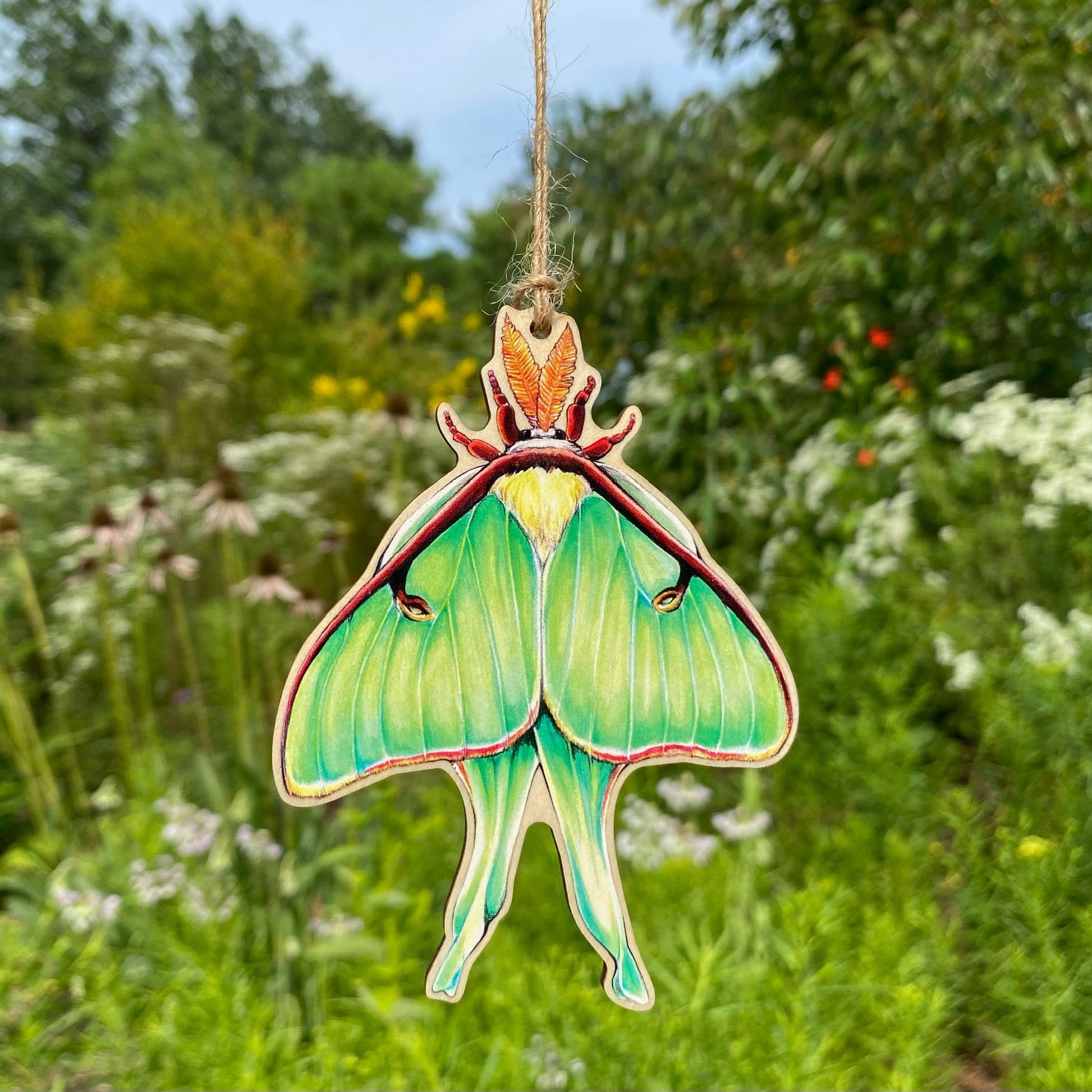 A wooden ornament strung with twine of a luna moth.