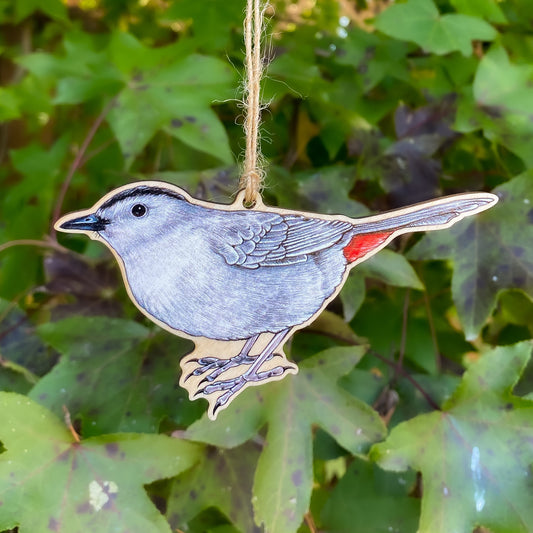 A wooden ornament strung with twine of a gray catbird.