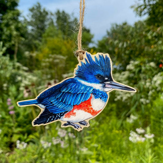 A wooden ornament strung with twine of a female belted kingfisher.