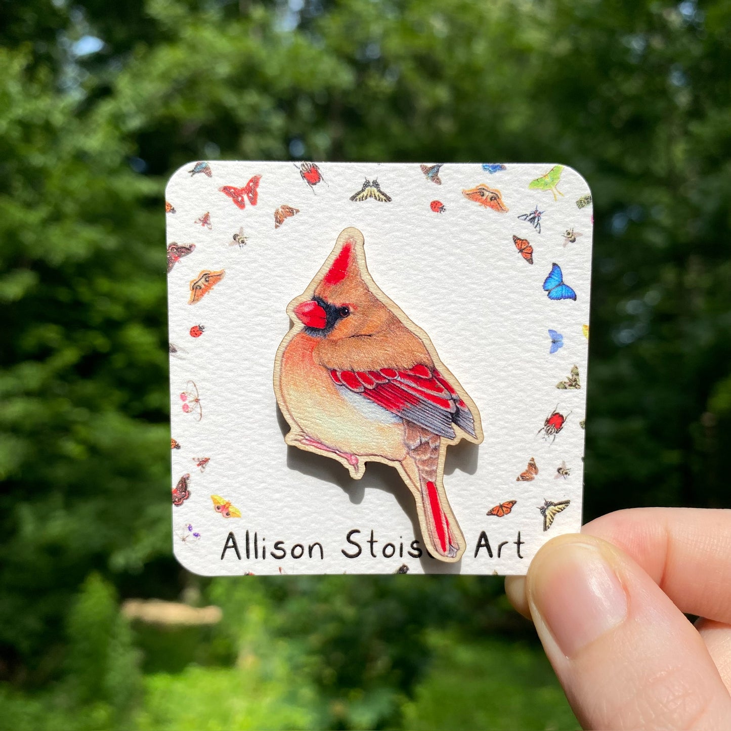 A hand holding a wooden pin featuring an illustration of a female northern cardinal.