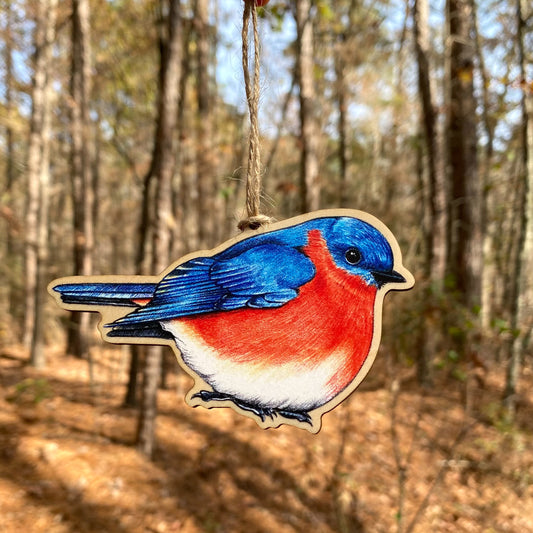 A wood ornament strung up with twine of an eastern bluebird.