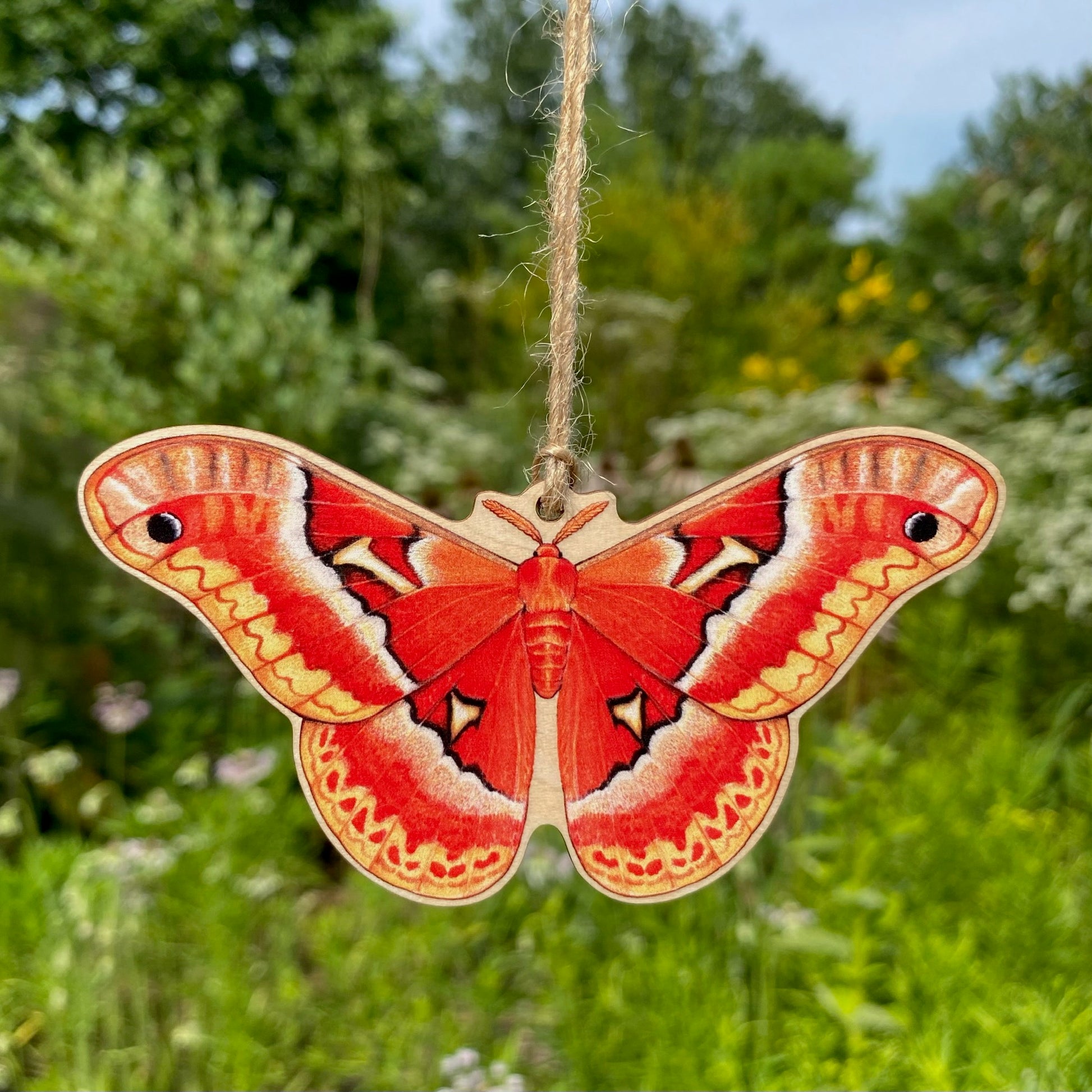 A wooden ornament strung with twine of a tuliptree silkmoth.