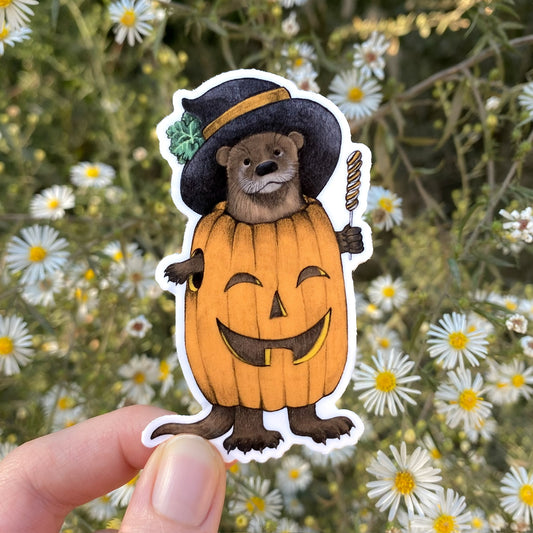 A hand holding a weatherproof vinyl sticker of an otter in an orange pumpkin and witch hat. He's holding candy.