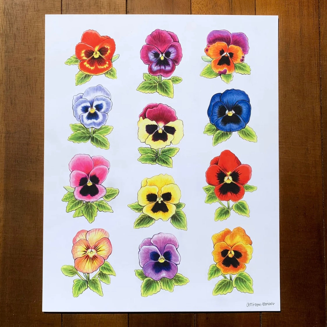 A print featuring an array of colorful pansies