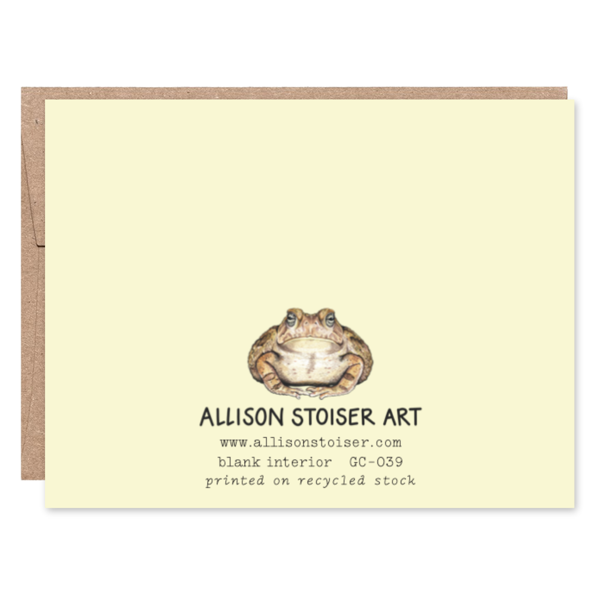 Card with a frog illustration and Allison Stoiser Art branding on a yellow background