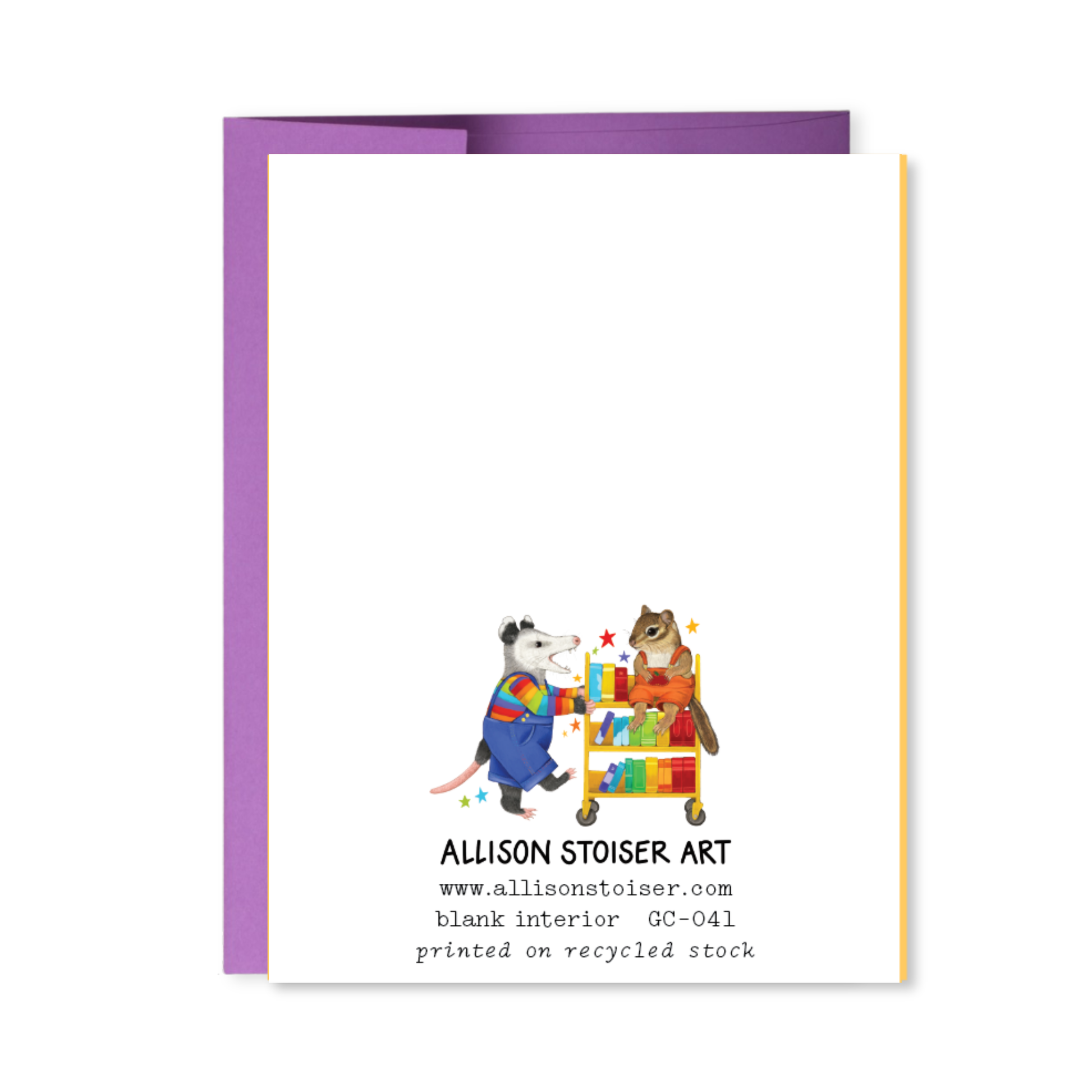 Greeting card with an opossum and chipmunk with a book cart, featuring 'Allison Stoiser Art' on a white background.