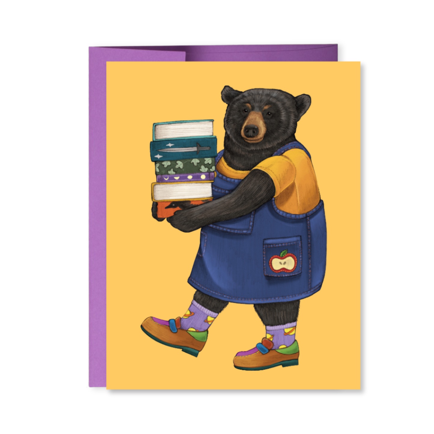 Card with a bear holding books on a yellow background