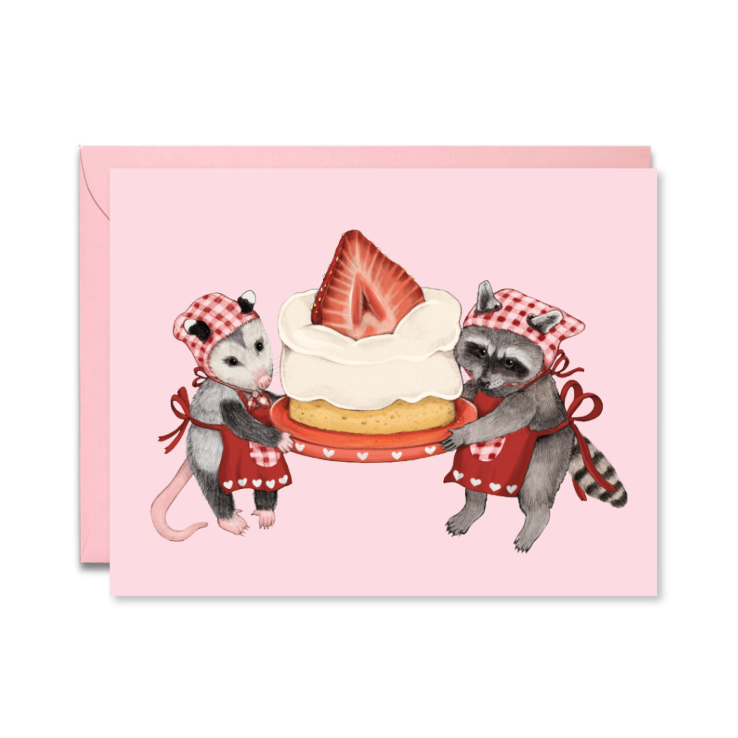 Illustration of an opossum and a raccoon with a strawberry shortcake on a pink card.