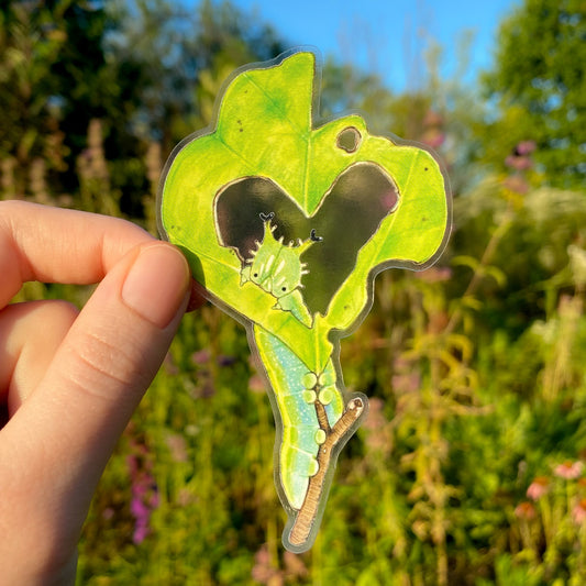 A hand holding a sticker of a leaf with a heart-shaped cutout and a hackberry emperor caterpillar peeking through.