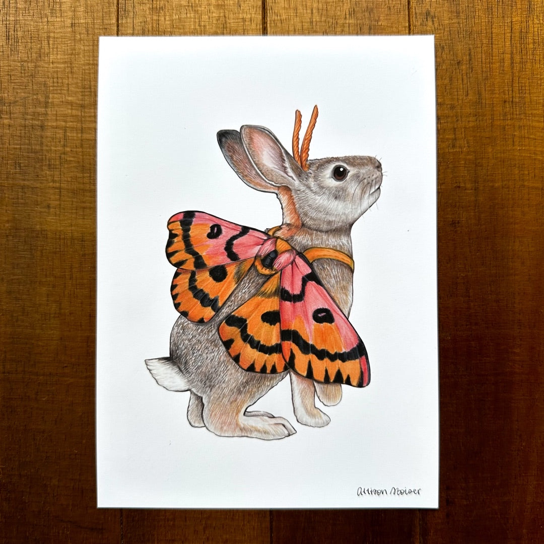 A 5" by 7" print of a desert cottontail dressed up in sheep moth wings.