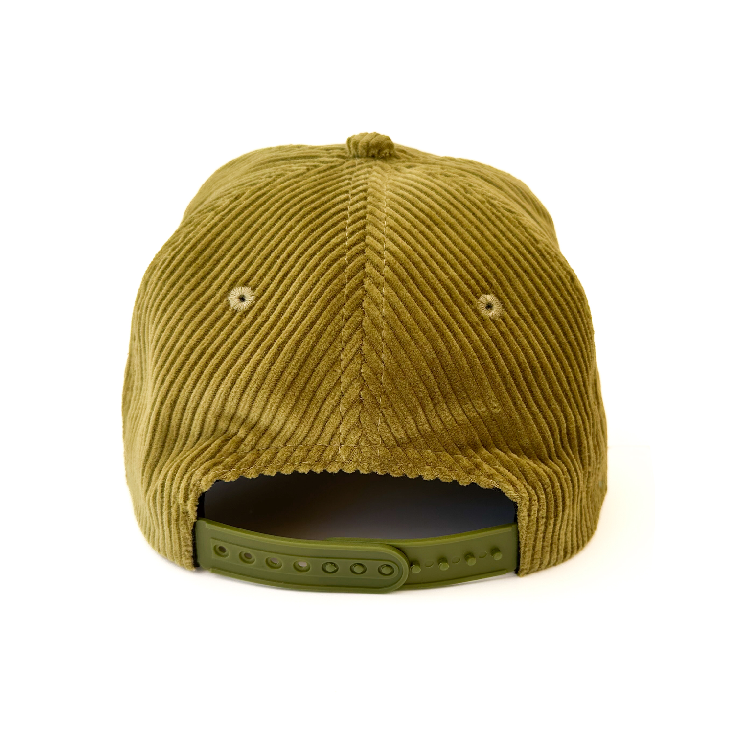 Back of an olive green corduroy cap on a white background