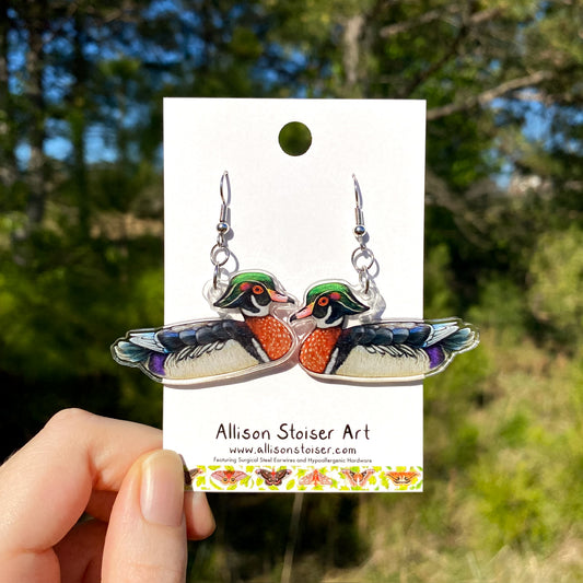 acrylic earrings with wood duck charms