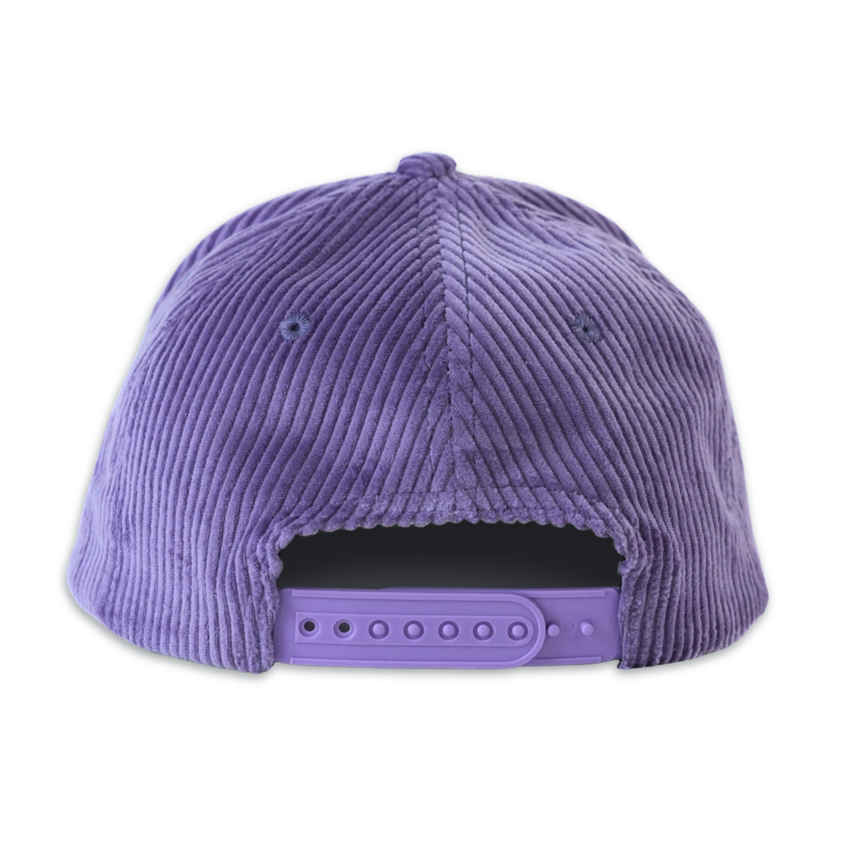 The back view of a purple corduroy baseball cap with an adjustable snapback closure, shown on a solid white background.
