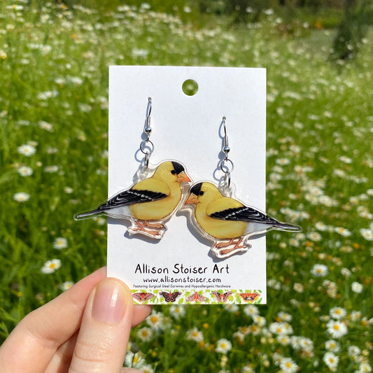 A hand holding a pair of earrings of goldfinches.