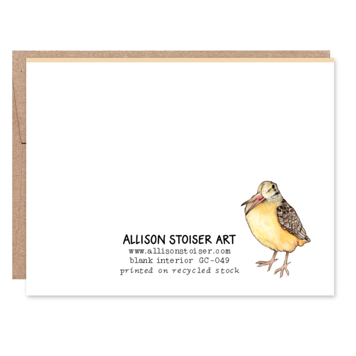 The back of a greeting card featuring an American woodcock