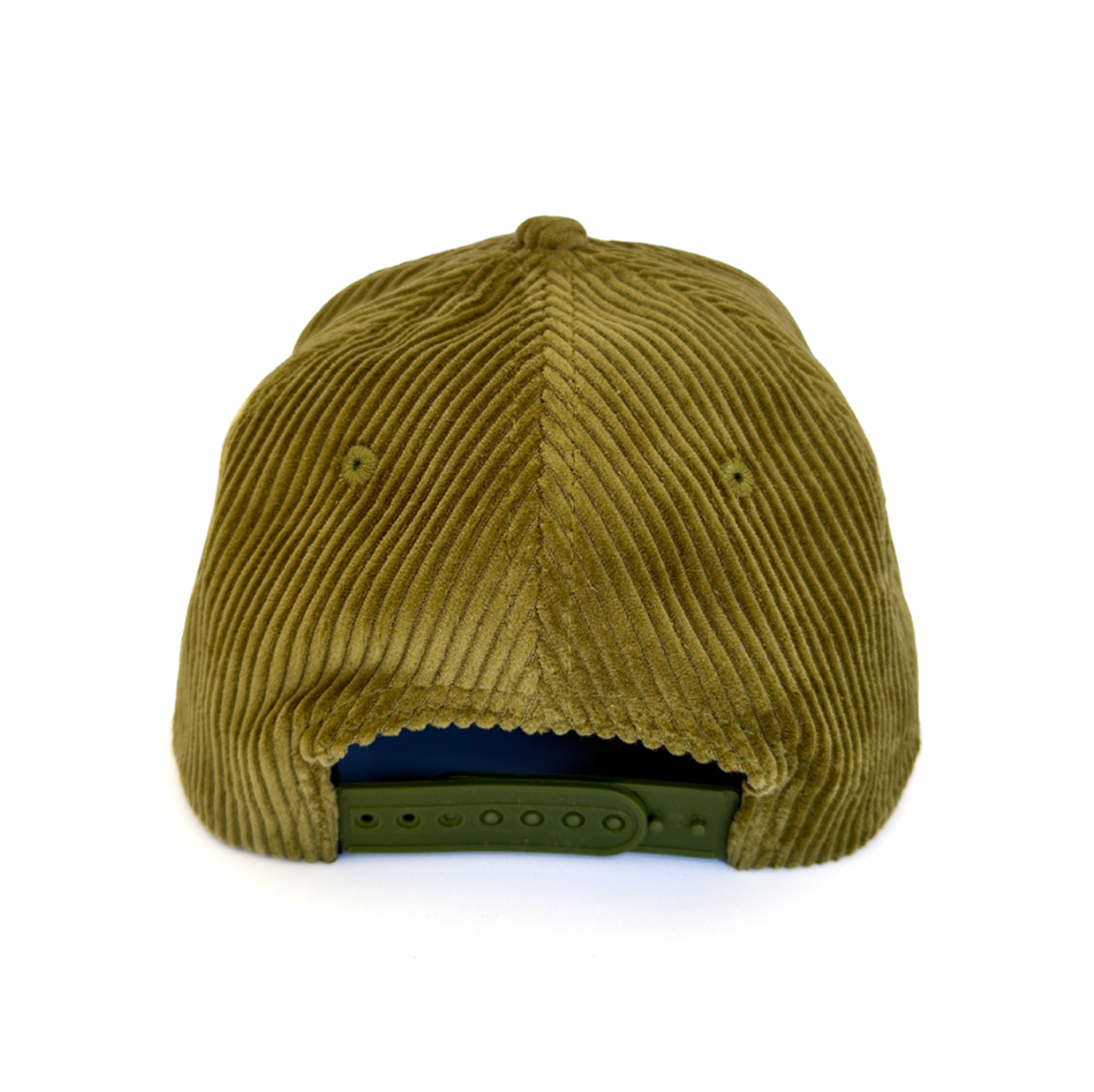 Olive green corduroy cap on a white background