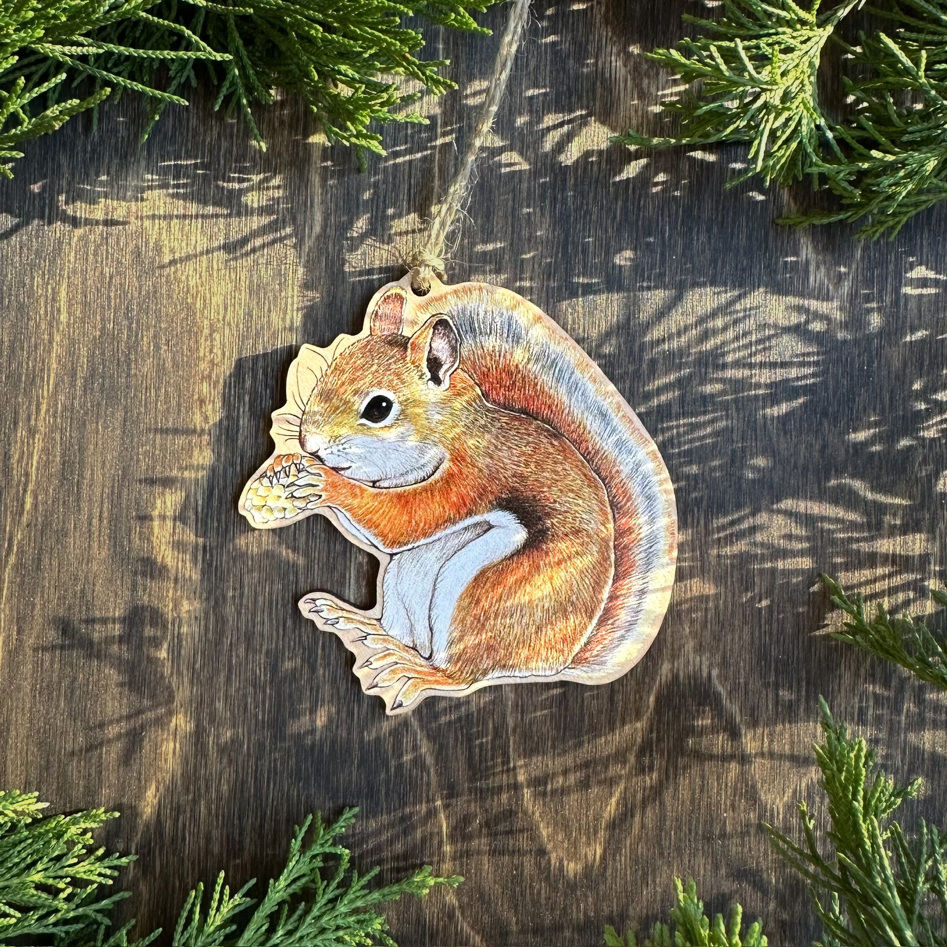American red squirrel wood print ornament